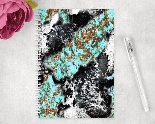 Printed Cowhide Turquoise Spiral Lined A5 Journal - 1521