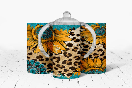 Leopard Print Sunflowers Kids Dual Lid Sippy Cup Tumbler - 1696