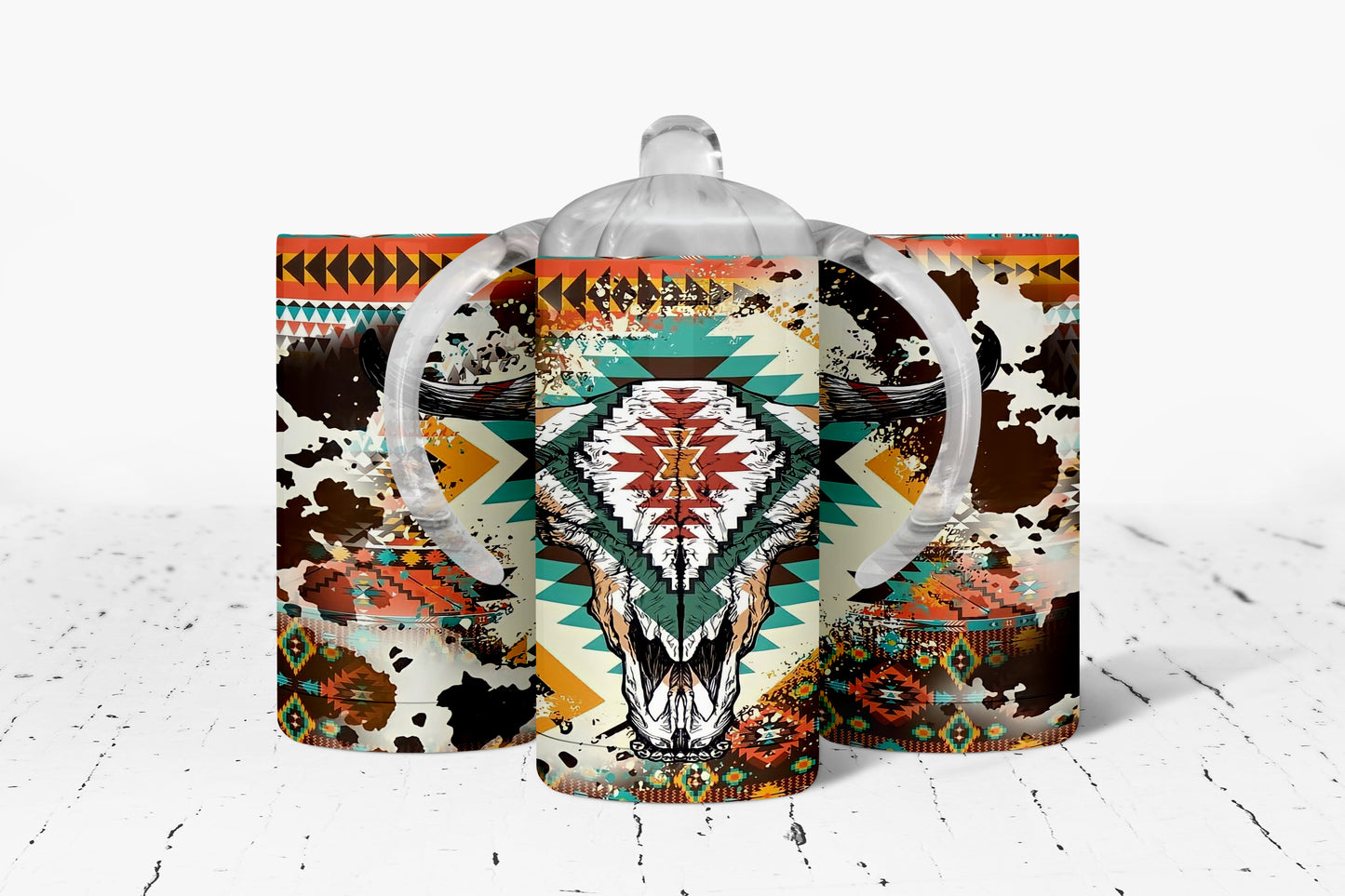 Western Aztec Skull Kids Dual Lid Sippy Cup Tumbler - 1795