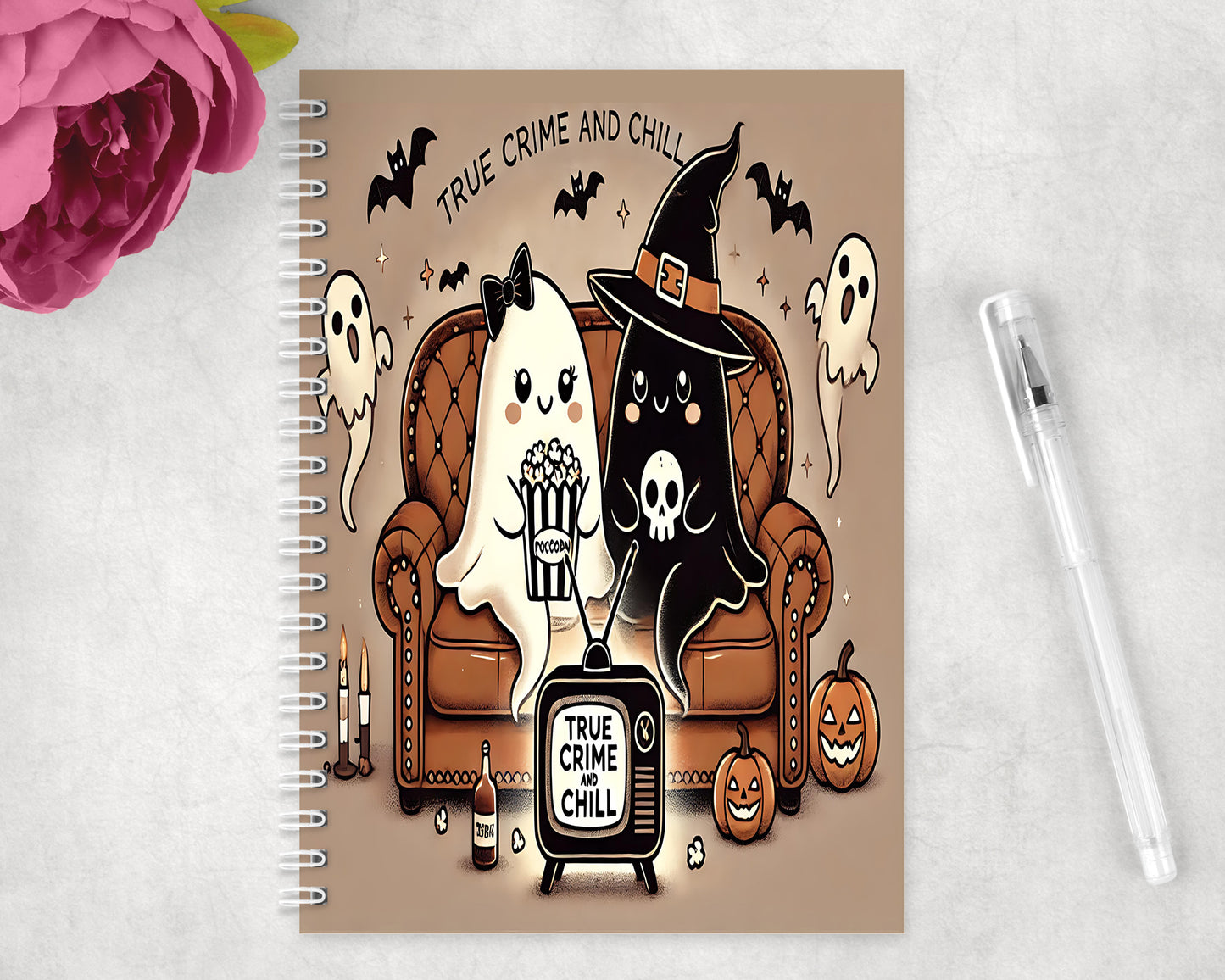 Cute Ghosts Halloween True Crime Spiral Lined A5 Journal - 188