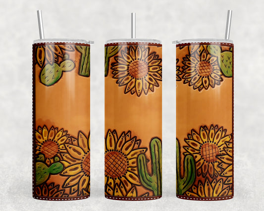 Cactus Sunflower Printed Leather 20oz Skinny Tumbler - 2283