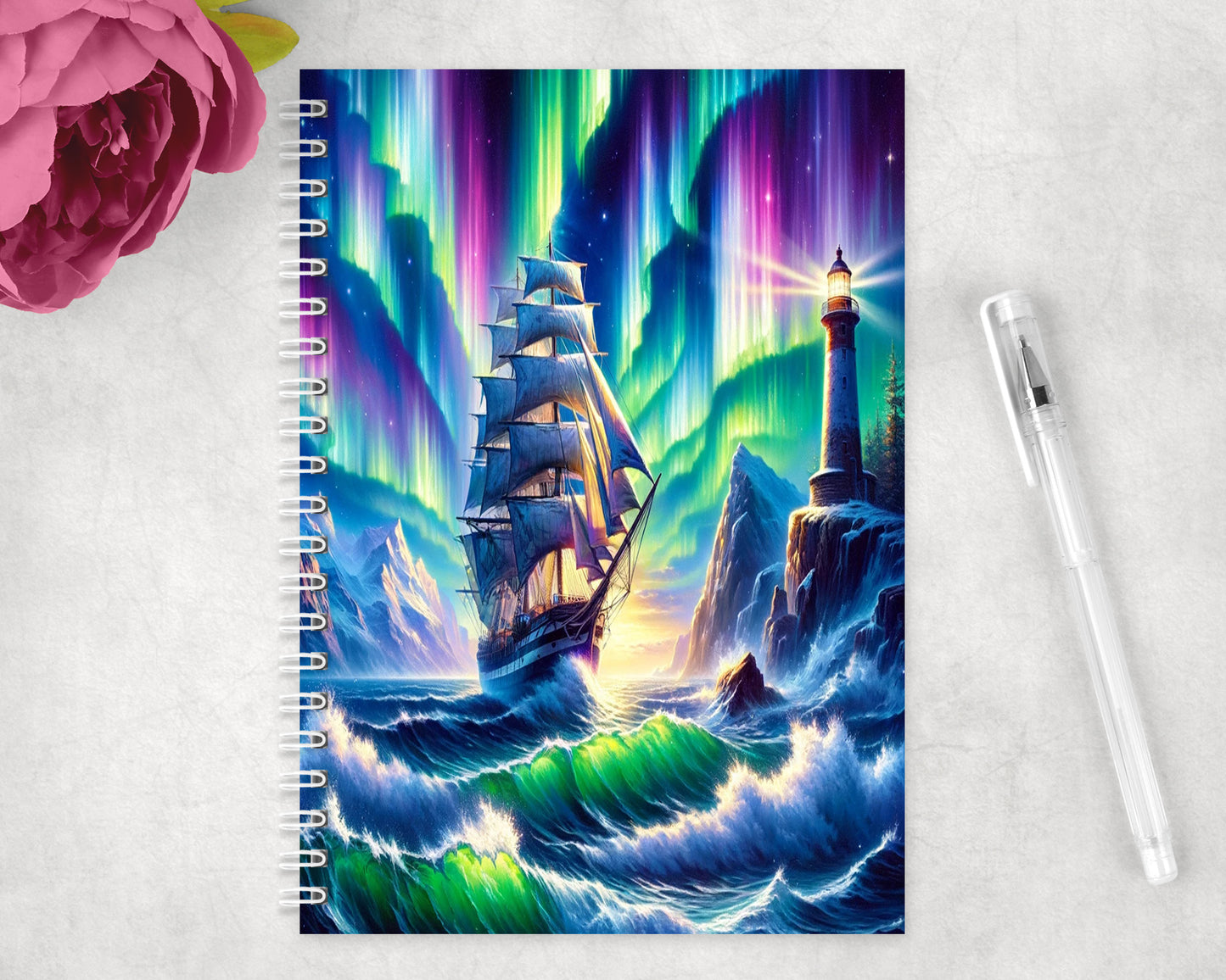 Northern Lights Ship Ocean Spiral Lined A5 Journal - 231