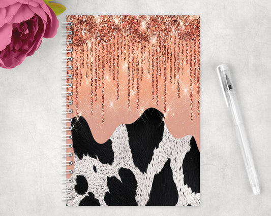 Cow Print Printed Glitter Spiral Lined A5 Journal - 249