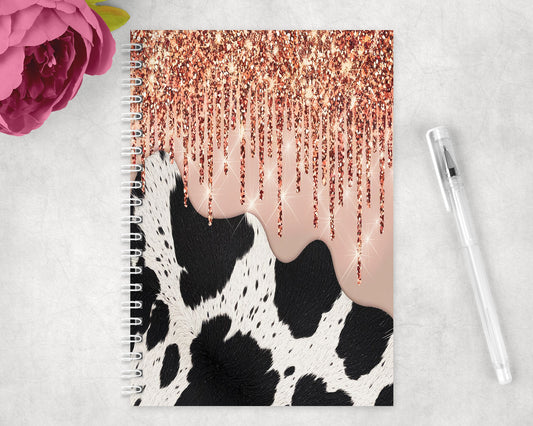 Cow Print Printed Glitter Spiral Lined A5 Journal - 250