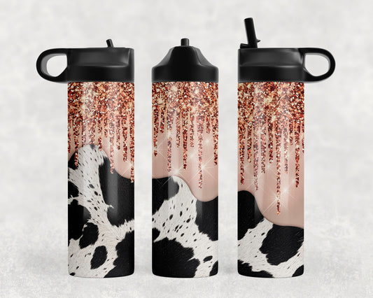 Cow Print Printed Glitter Water Bottle - 250