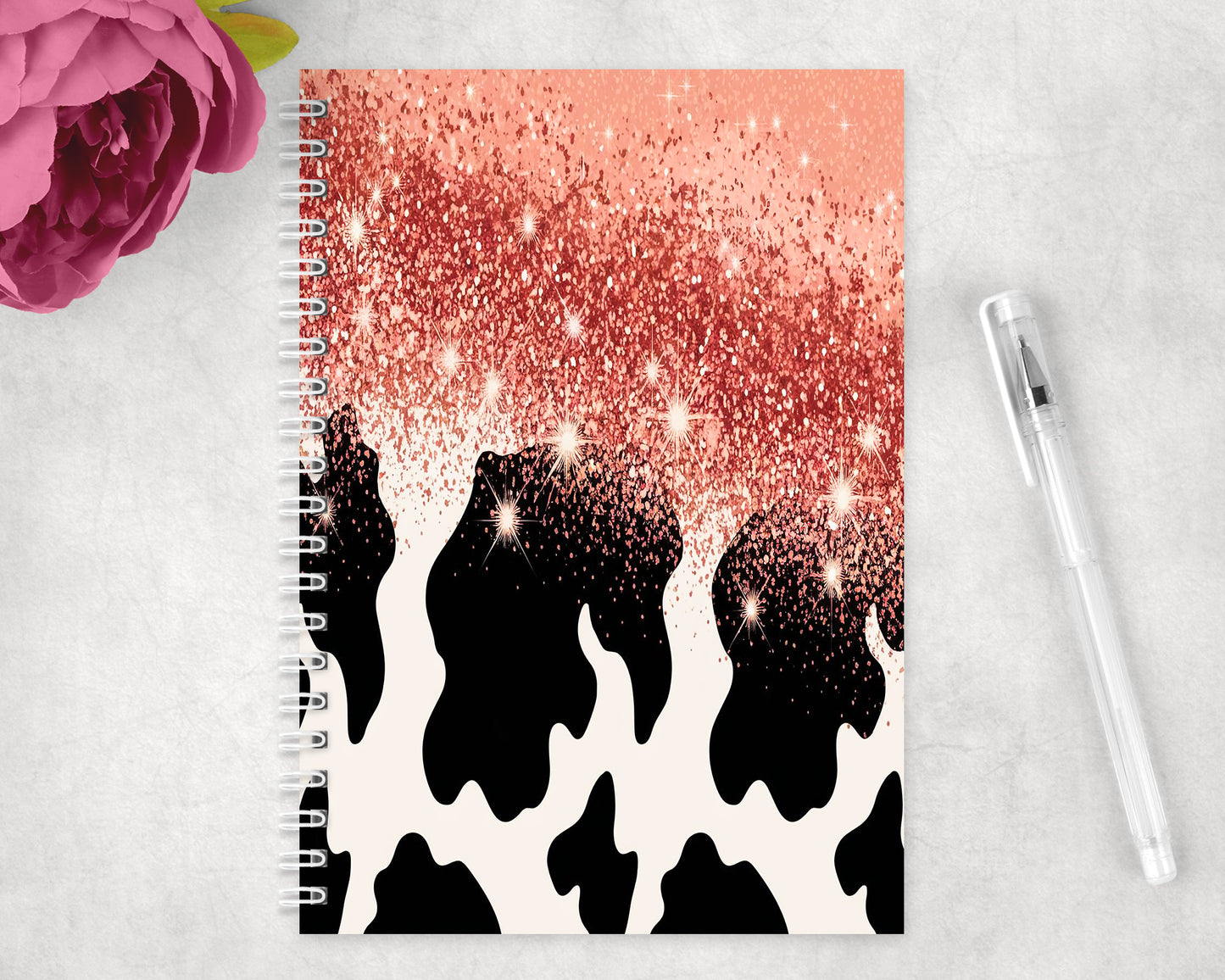 Cow Print Printed Glitter Spiral Lined A5 Journal - 251