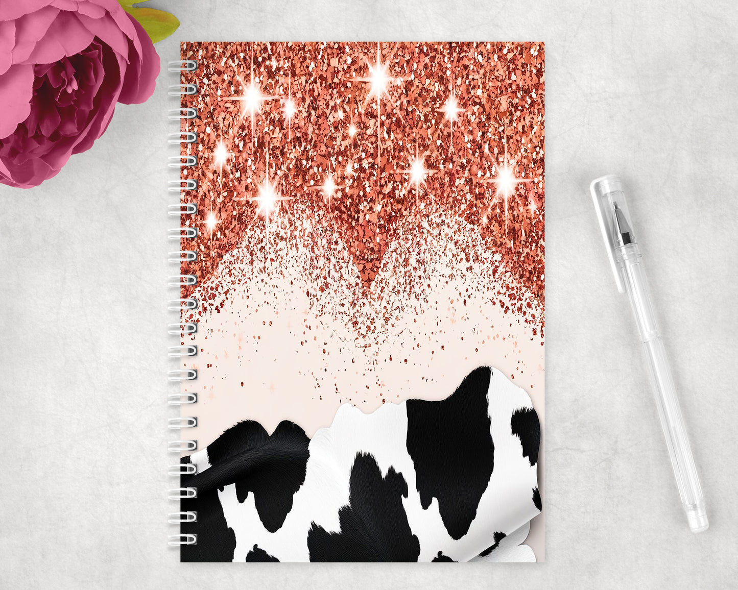 Cow Print Printed Glitter Spiral Lined A5 Journal - 252