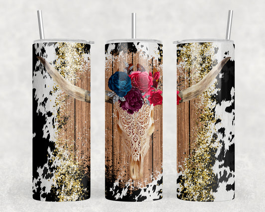 Western Printed Cowhide Skull 20oz Skinny Tumbler - 335