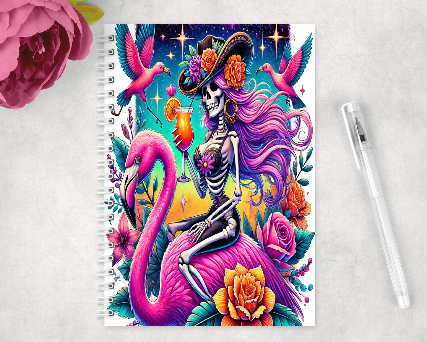 Skeleton Mermaid Flamingo Spiral Lined A5 Journal - 383