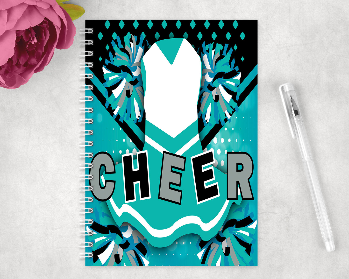 Turquoise and Black Cheer Spiral Lined A5 Journal - 419