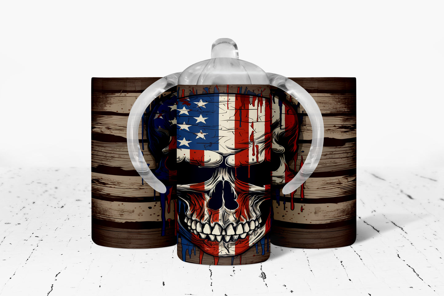 American Flag Skull Kids Dual Lid Sippy Cup Tumbler - 446