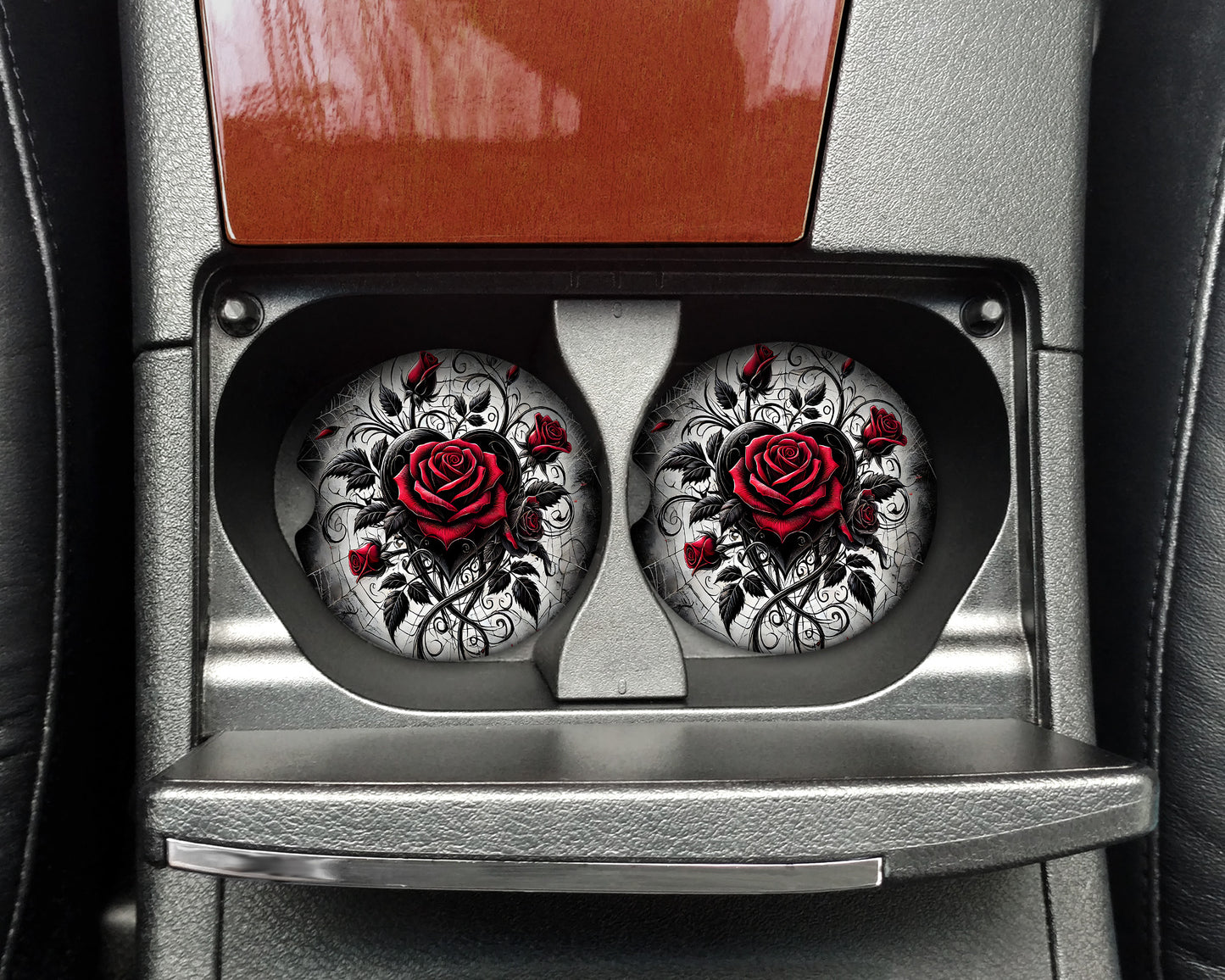 Gothic Heart Rose Car Coaster Set - 5269